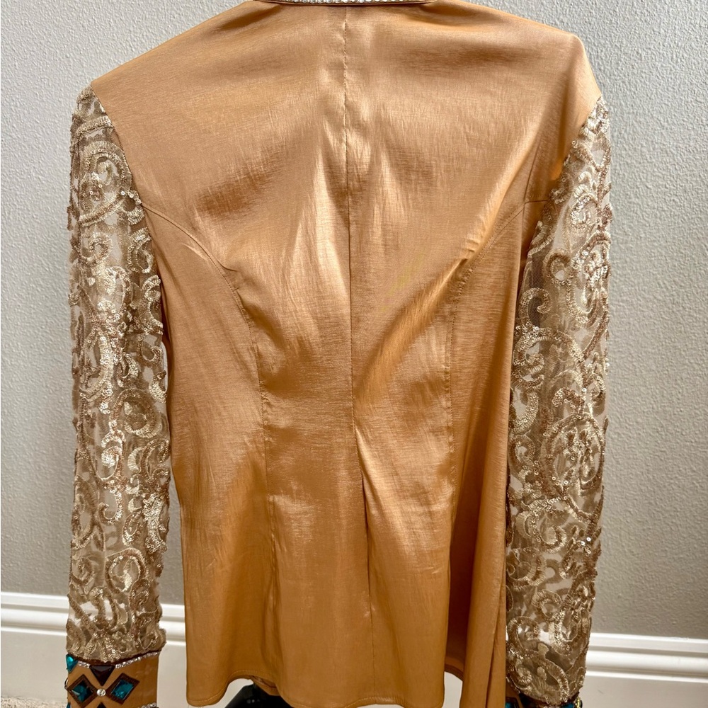 Davlyn Designs Gold and Brown Embellished Reining/Western Riding  Show Shirt - Picture 6 of 10